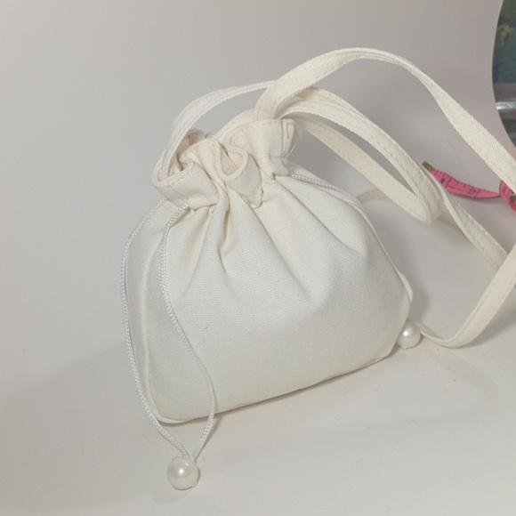 Women's Bucket Handbag Drawstring Purse Ivory Bridal Embroidery Flowers Blue - Picture 4 of 7